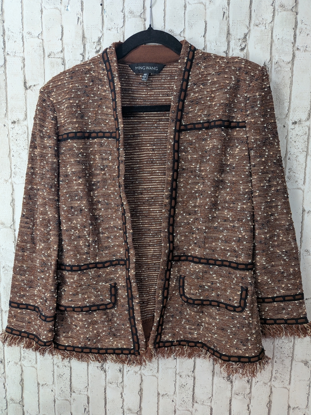 Ming Wang Brown Tweed Open-Front Fringed Trim Blazer